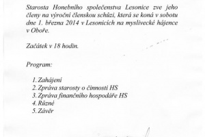 Pozvánka na jednání valné hromady Honebního společenstva Lesonice